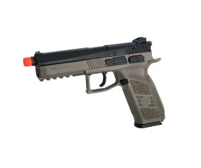 ASG CZ P-09 Airsoft gun, co2 blowback, propellant loaded, Metal slide, Black and Tan color with Orange safety tip 