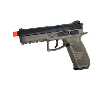 ASG CZ P-09 Airsoft gun, co2 blowback, propellant loaded, Metal slide, Black and Tan color with Orange safety tip ASG CZ P-09 Airsoft gun, co2 blowback, propellant loaded, Metal slide, Black and Tan color with Orange safety tip