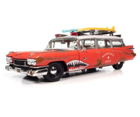 Auto World 1/18 1959 Cadillac Eldorado Ambulance Surf Shark - Faded Rusty Red & White Shark Graphics & Surf Boards
