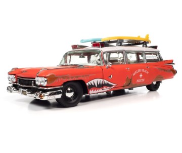 Auto World 1/18 1959 Cadillac Eldorado Ambulance Surf Shark - Faded Rusty Red & White Shark Graphics & Surf Boards