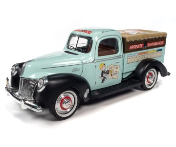 Auto World 1/18 Monopoly 1940 Ford Property Management Truck w/Resin Figure - Light Green & Flat Black w/ Monopoly Graphics