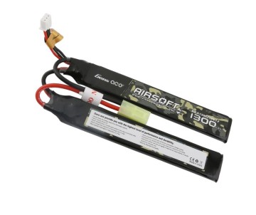 Gens Ace - 895 - Airsoft 1300mAh 2S1P 7.4V 25C 2X LiPo Tamiya Plug - Nunchuck (2 cell + 1 cell) 122x20x5mm
