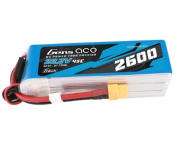 Gens Ace - 1727 - G-Tech 2600mAh 6S1P 22.2V 45C LiPo Battery Pack with XT60 Plug Soft Pack (123x37x39mm +/- Manufacturer's Specifications)