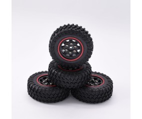 Hobby Details 1.0'' Pre-mounted Wheel & Tire Set (4) Black Plastic Wheel with Red Stripe