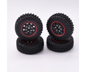 Hobby Details 1.0'' Pre-mounted Wheel & Tire Set (4) Black Plastic Wheel with Red Stripe