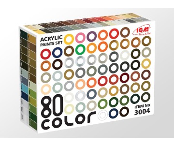 ICM Colour Sets - 80 pcs (77 colour + 3 Varnish), acrylic paint set, 80 bottles x 12 ml