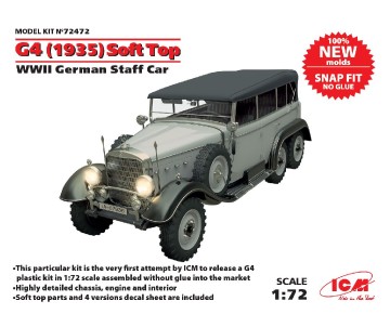 ICM 1/72 G4 (1935 production) Soft Top, WWII German Staff Car, snap fit/no glue
