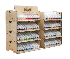 ICM Full Paint Collection. Includes 77 Bottled Paints (8 of each) and 3 Varnishes (8 of each) and free Paint Display Stand (No primer included)