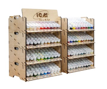 ICM Full Paint Collection. Includes 77 Bottled Paints (8 of each) and 3 Varnishes (8 of each) and free Paint Display Stand (No primer included)