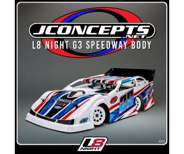 JConcepts L8 Night G3 speedway body, decked with rear spoiler (Fits – 1/10th late model vehicles)