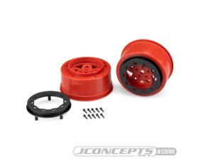 JConcepts Tremor, Slash rear, Slash 4x4 F&R wheel - red wheel / black beadlock - 2pc. (Fits - SCT 3.0 x 2.2