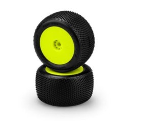 JConcepts Fuzz Bite - pink compound - pre-mounted, yellow wheels (Fits - Losi Mini-T 2.0 | Mini-B rear)