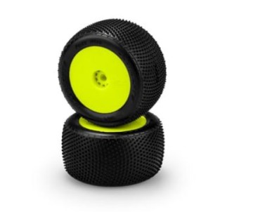 JConcepts Fuzz Bite - pink compound - pre-mounted, yellow wheels (Fits - Losi Mini-T 2.0 | Mini-B rear)