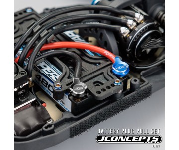 JConcepts battery plug pull set, w/plugs, blue + and black – (Fits – most all standard wire electrical)