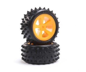 Losi 4 Row Rear Tires, Mounted, Orange (2): Mini JRX2