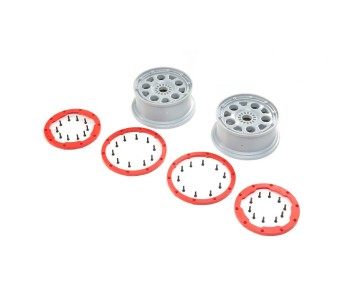Losi 1/5 Wheels, Silver, Red Beadlock, 24mm Hex (Front/Rear)(2): DBXL-E 2.0