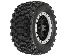 Pro-Line Badlands MX43 Pro-Loc All Terrain Tires (2) Mounted on Impulse Pro-Loc Black Wheels with Stone Gray Rings for X-MAXX Front or Rear