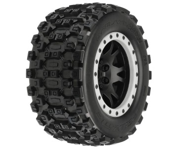 Pro-Line Badlands MX43 Pro-Loc All Terrain Tires (2) Mounted on Impulse Pro-Loc Black Wheels with Stone Gray Rings for X-MAXX Front or Rear