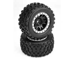 Pro-Line Badlands MX43 Pro-Loc All Terrain Tires (2) Mounted on Impulse Pro-Loc Black Wheels with Stone Gray Rings for X-MAXX Front or Rear