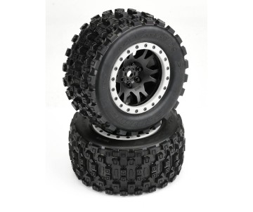 Pro-Line Badlands MX43 Pro-Loc All Terrain Tires (2) Mounted on Impulse Pro-Loc Black Wheels with Stone Gray Rings for X-MAXX Front or Rear