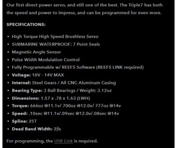 Reefs Triple7 Direct Power Brushless Submarine Waterproof Servo - 777oz 0.08sec@14V (25T Spline)