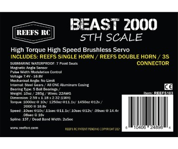 Reefs BEAST 2000 1/5th Scale Submarine Waterproof Servo w/ Aluminum Horns & LiPo Connectors - 1450oz 0.08sec@16V