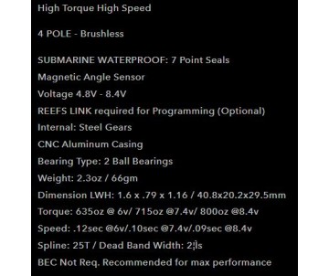 Reefs RAW800LP Programmable Submarine Waterproof Servo  - 800oz 0.09sec@8.4V- Black