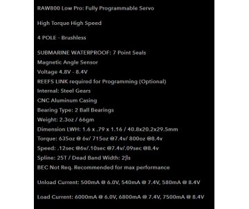 Reefs RAW800LP Programmable Submarine Waterproof Servo  - 800oz 0.09sec@8.4V- Raw