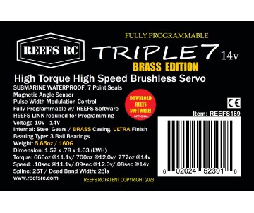 Reefs Triple7 Brass Edition - Direct Power Brushless Submarine Waterproof Servo - 777oz 0.08sec@14V (25T Spline) Reefs Triple7 Brass Edition - Direct Power Brushless Submarine Waterproof Servo - 777oz 0.08sec@14V (25T Spline)