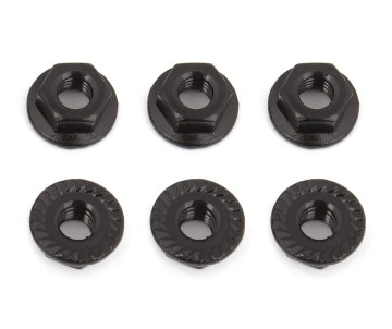 Team Associated Wheel Nuts, M4, Serrated, flanged, black steel (6)