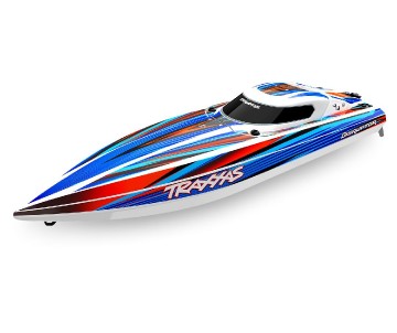 Traxxas Disruptor: brushless 4S boat with Rapid Right, TQ 2.4 GHz 2-channel radio system, Velineon VXL-4S Marine speed control with brushless outrunner motor, and factory-applied graphics. Requires: batteries and charger - Blue
