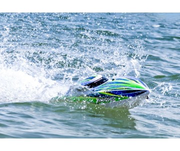 Traxxas Disruptor: brushless 4S boat with Rapid Right, TQ 2.4 GHz 2-channel radio system, Velineon VXL-4S Marine speed control with brushless outrunner motor, and factory-applied graphics. Requires: batteries and charger - Green