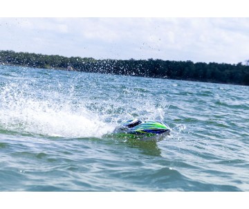 Traxxas Disruptor: brushless 4S boat with Rapid Right, TQ 2.4 GHz 2-channel radio system, Velineon VXL-4S Marine speed control with brushless outrunner motor, and factory-applied graphics. Requires: batteries and charger - Green