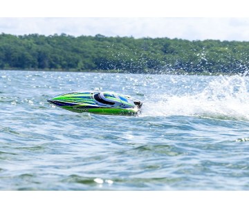 Traxxas Disruptor: brushless 4S boat with Rapid Right, TQ 2.4 GHz 2-channel radio system, Velineon VXL-4S Marine speed control with brushless outrunner motor, and factory-applied graphics. Requires: batteries and charger - Green