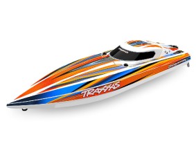 Traxxas Disruptor: brushless 4S boat with Rapid Right, TQ 2.4 GHz 2-channel radio system, Velineon VXL-4S Marine speed control with brushless outrunner motor, and factory-applied graphics. Requires: batteries and charger - Orange