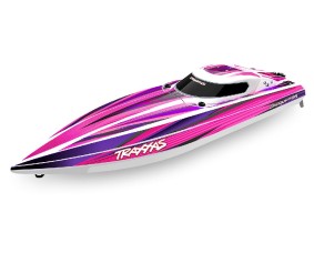 Traxxas Disruptor: brushless 4S boat with Rapid Right, TQ 2.4 GHz 2-channel radio system, Velineon VXL-4S Marine speed control with brushless outrunner motor, and factory-applied graphics. Requires batteries and charger - Pink