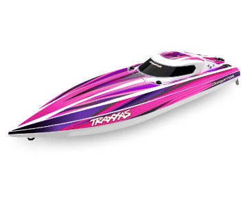 Traxxas Disruptor: brushless 4S boat with Rapid Right, TQ 2.4 GHz 2-channel radio system, Velineon VXL-4S Marine speed control with brushless outrunner motor, and factory-applied graphics. Requires batteries and charger - Pink