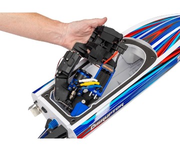Traxxas Disruptor: brushless 4S boat with Rapid Right, TQ 2.4 GHz 2-channel radio system, Velineon VXL-4S Marine speed control with brushless outrunner motor, and factory-applied graphics. Requires batteries and charger - Pink