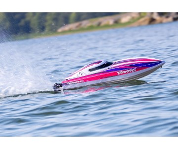Traxxas Disruptor: brushless 4S boat with Rapid Right, TQ 2.4 GHz 2-channel radio system, Velineon VXL-4S Marine speed control with brushless outrunner motor, and factory-applied graphics. Requires batteries and charger - Pink