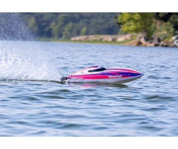 Traxxas Disruptor: brushless 4S boat with Rapid Right, TQ 2.4 GHz 2-channel radio system, Velineon VXL-4S Marine speed control with brushless outrunner motor, and factory-applied graphics. Requires batteries and charger - Pink
