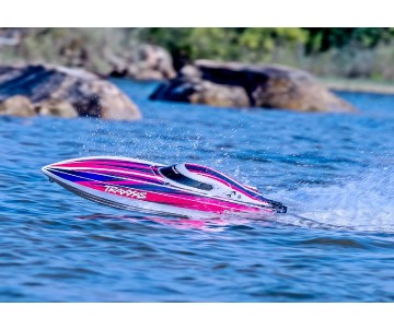 Traxxas Disruptor: brushless 4S boat with Rapid Right, TQ 2.4 GHz 2-channel radio system, Velineon VXL-4S Marine speed control with brushless outrunner motor, and factory-applied graphics. Requires batteries and charger - Pink