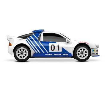 Traxxas Mini Rally VXL: mini-scale rally car with Ford RS200 clipless body, fully assembled, Ready-To-Race®, with TQi™ 2.4 GHz radio system with TSM®, and Velineon® VXL-3s™ brushless power system. Includes 2-cell LiPo battery and 2-amp USB-C charger