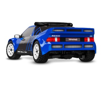 Traxxas Mini Rally VXL: mini-scale rally car with Ford RS200 clipless body, fully assembled, Ready-To-Race®, with TQi™ 2.4 GHz radio system with TSM®, and Velineon® VXL-3s™ brushless power system. Includes 2-cell LiPo battery and 2-amp USB-C charger - Blu