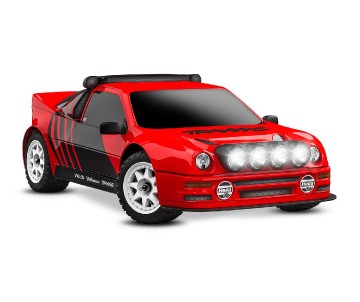 Traxxas Mini Rally VXL: mini-scale rally car with Ford RS200 clipless body, fully assembled, Ready-To-Race®, with TQi™ 2.4 GHz radio system with TSM®, and Velineon® VXL-3s™ brushless power system. Includes 2-cell LiPo battery and 2-amp USB-C charger - Red