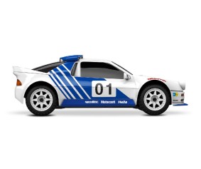 Traxxas Mini Rally VXL: mini-scale rally car with Ford RS200 clipless body, fully assembled, Ready-To-Race®, with TQi™ 2.4 GHz radio system with TSM®, and Velineon® VXL-3s™ brushless power system. Includes 2-cell LiPo battery and 2-amp USB-C charger