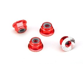 Traxxas 4mm Aluminum Flanged Serrated Nuts (Red) (4)