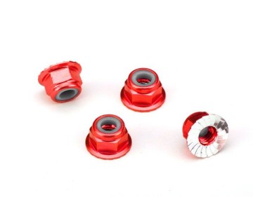 Traxxas 4mm Aluminum Flanged Serrated Nuts (Red) (4)
