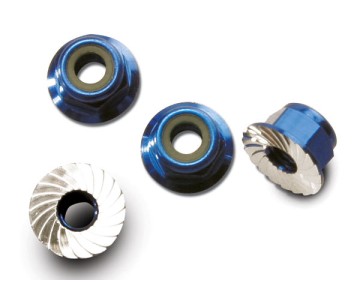Traxxas 4mm Aluminum Flanged Serrated Nuts (Blue) (4)