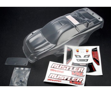 Traxxas - Body, Rustler (clear, requires painting)/window, lights decal sheet/ wing and aluminum hardware