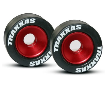 Traxxas Wheels, aluminum (red-anodized) (2)/ 5x8mm ball bearings (4)/ axles (2)/ rubber tires (2)
